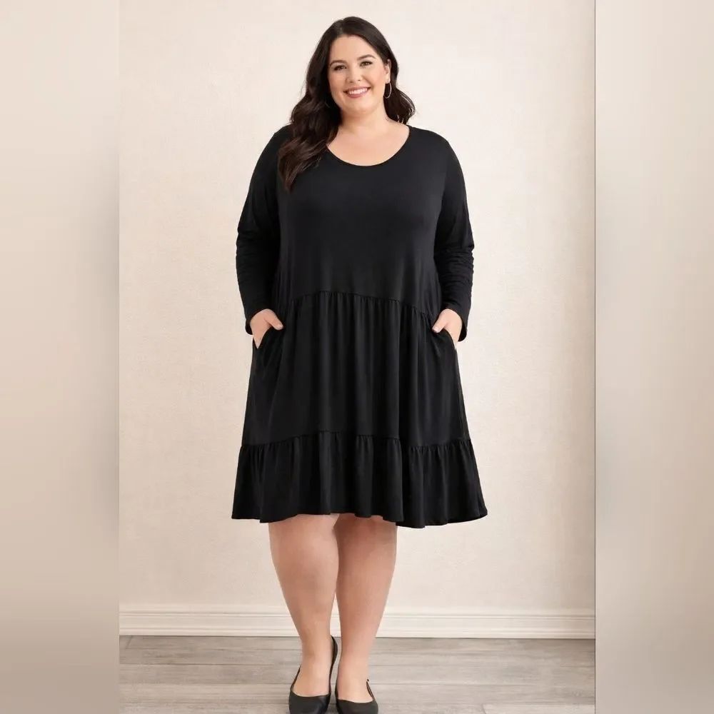 Love, Fire Long Sleeve Ruffle Hem Dress Solid Black Soft Material Plus Size 4X